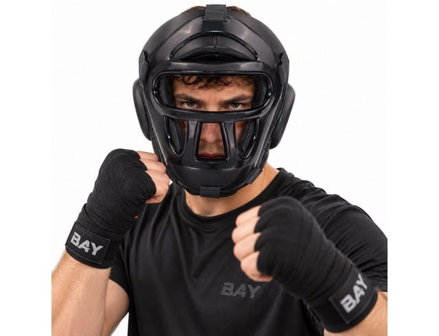 BAY-Sports Kopfschutz Profi mit Gitter Maske Visier Krav Maga Boxen Budo Training Kampfsport (Bruchsichere Kunststoff Maske), Rundum Schutz für Gesicht, Schädeldecke, Nacken, Hinterkopf, Ohren