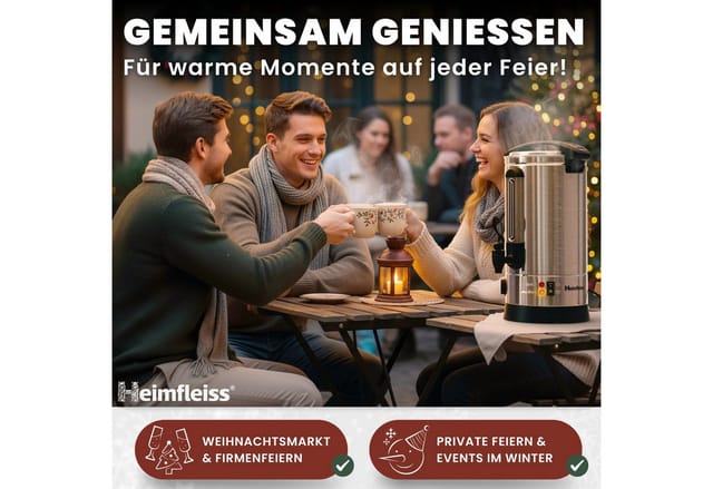Heimfleiss® Einkochautomat Glühweinkocher 10 Liter - Silber, 1500 W, rostfreier Edelstahl, 40 Tassen