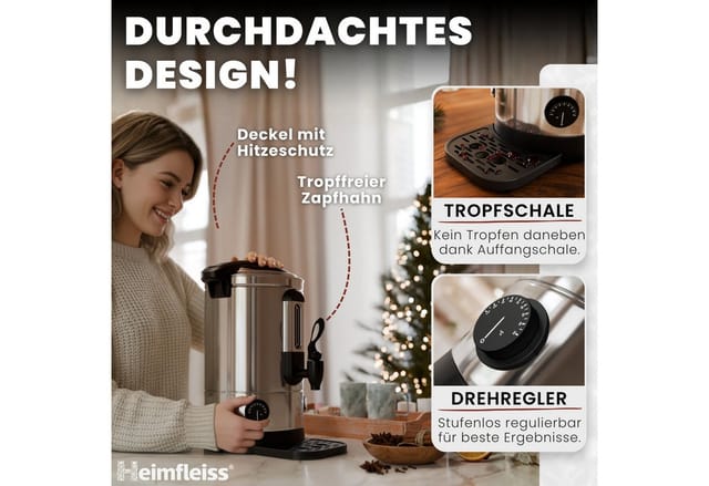 Heimfleiss® Einkochautomat Glühweinkocher 6,8 Liter - Silber (Inkl. Abtropfschale), 1500 W, rostfreier Edelstahl, 40 Tassen