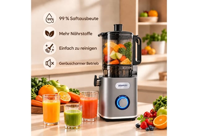ZOOMCAT Slow Juicer Entsafter mit 140 mm-Einfüllöffnung,REV-Funktion,hoher Saftausbeute, 400 W, 140-mm-Einfüllöffnung, 2-Liter-Behälter, REV, Tropfstopp, Sorbet