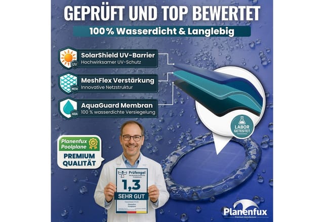 Planenfux® Pool-Abdeckplane Winterabdeckung rund UV-beständig PE (Poolplane mit Stahlseil, inkl. Seilspanner), beidseitig 200 g/m² wetterfest