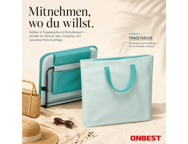Onbest Campingliege Strandliege klappbar mit Nackenkissen, Tragetasche und Staufach Tragetasche, Stahlgestell, verstellbare Rückenlehne
