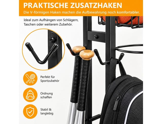 LEMLIT Basketballständer Ballregal für Basketball und Fußball, Vertikales Sportgeräte-Regal (1er Set, 1-St., Sportgeräte-Aufbewahrungsregal 41 x 28 x 155 cm), Platzsparend, vertikale Aufbewahrung, 155 cm, Schwarz