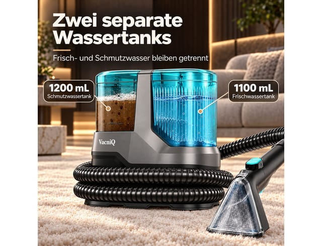 VacniQ Teppichreinigungsgerät 25Kpa Waschsauger, 4-in-1 Teppichreiniger, 1800W Nasssauger, 1800 W, 1,2 L+ 1,1 L – getrennte Wassertankkonstruktion, Polsterreiniger Gerät,Heiz-und-Sterilisationsfunktion mit LED-Anzeige