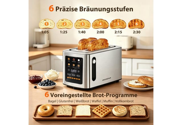 Aigostar Toaster 2/4 Scheiben Digitaler Langschlitz, 6 Bräunungsstufen, Touchscreen, 2 lange Schlitze, 1750 W, Farb LCD Countdown, 6 Brotprogrammen & Krümelschublade