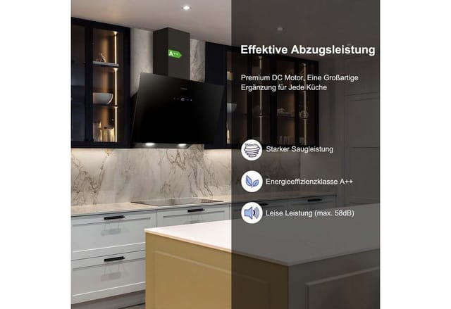 SNDOAS Kopffreihaube Dunstabzugshaube 60cm, 550 m³/h Saugleistung, Abluft/Umluft, A++ Touch-Steuerung, Verzögerungs-Ausschaltfunktion, Schwarz