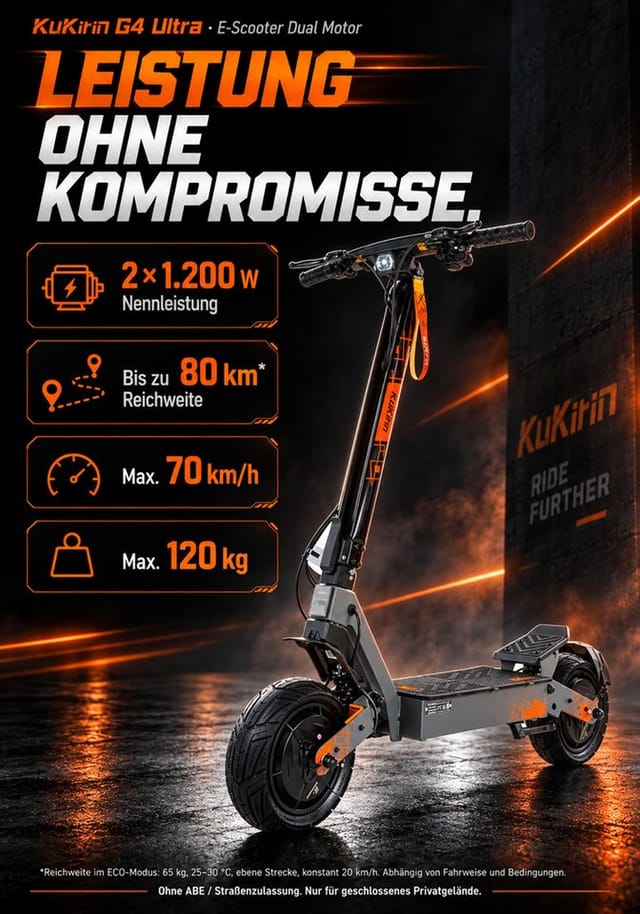 Vankel E-Scooter KuKirin G4 Ultra E-Scooter 2400 W Dual Motor 1200 Wh mit Vollfederung, Ohne ABE und Straßenzulassung nur für geschlossenes Privatgelände