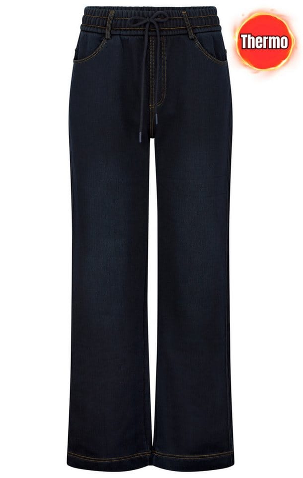 dy_mode Thermohose Thermohose Damen Jeansoptik Gefütterte Winterhose weites Bein in Jeans-Optik, Gefüttert, mit elastischen Gummibund