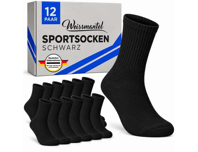 Weissmantel Tennissocken Herren 39-42 und 43-46 Schwarz - Baumwolle Perfekte Sportsocken (Passgenau für Herren Schuhgröße 39-42 und 43-46, Ideale Tennis Socken Herren - Hoher Tragekomfort) Atmungsaktiv und Strapazierfähig