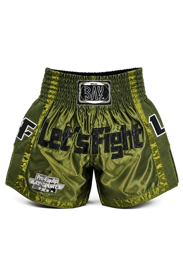 BAY-Sports Sporthose Let´s Fight olive Thaiboxhose Muay Thai Shorts Thaiboxen MMA Kickboxen (Stück) Moderne sublimierte Short, Mesh Einsätzen, attraktiven Applikationen