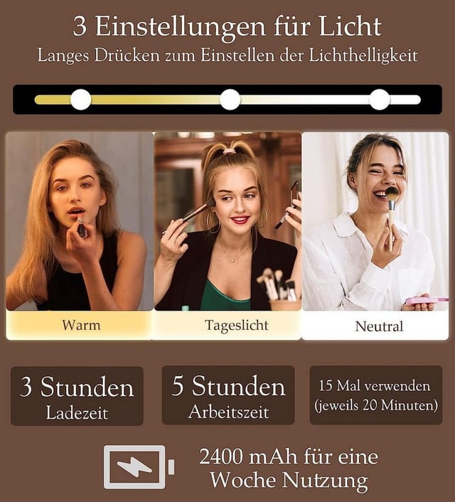 wohnTRAUM24 Kosmetiktasche Kosmetiktasche mit Beleuchtetem Spiegel,Make Up Tasche (mit 3 Farbe LED Licht,Schminktasche mit verstellbaren Trennwänden,Reise Kosmetiktasche mit Schminkspiegel,Kosmetiktasche,Schminktasche,Kosmetikkoffer,Make Up Zubehör)