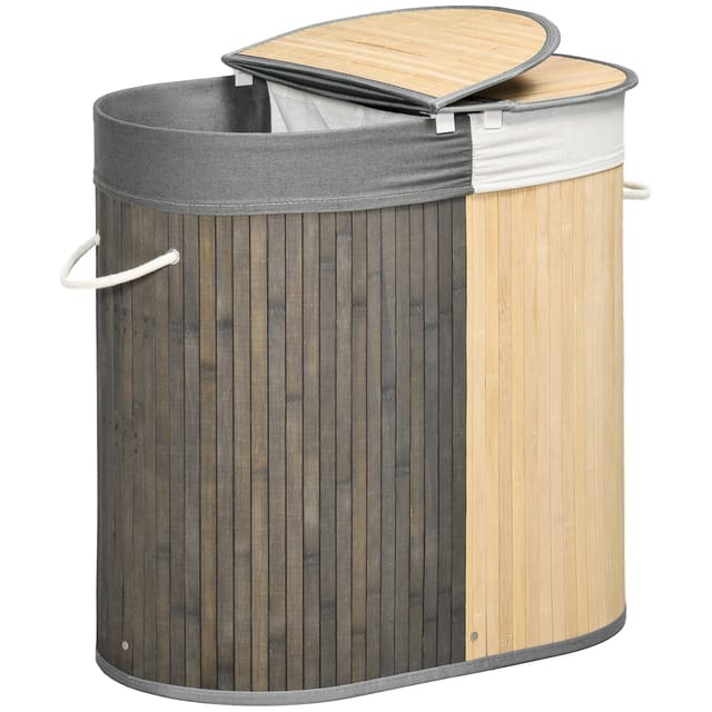 Homcom Wäschekorb Aus Bambus, 100 L, 2 Fächer Mit Deckel Und Herausnehmbarem Beutel, 62,5 X 37 X 60,5 Cm, Grau