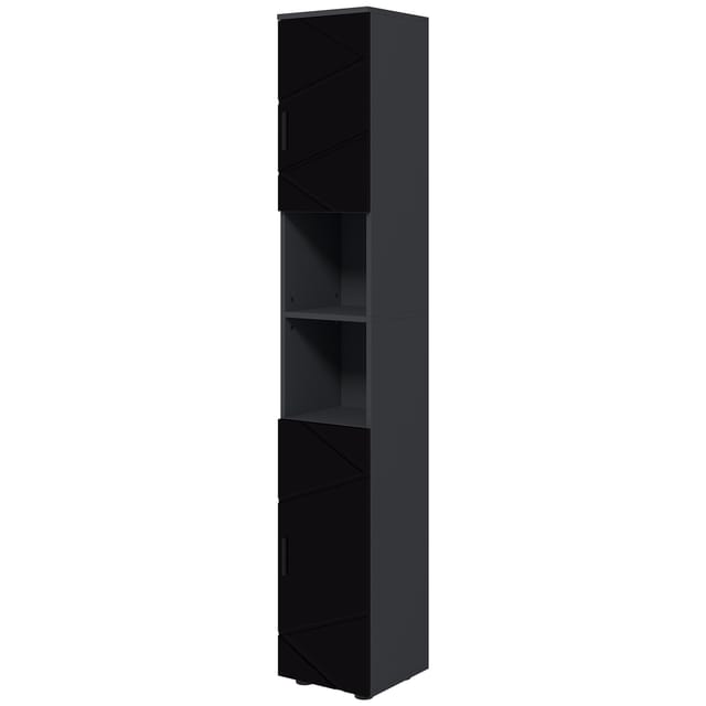 Badezimmerschrank Aus Spanplatte Mit 2 Offenen Regalböden Und 2 Zweist öckigen Schränken, 30 X 30 X 183 Cm, Schwarz Und Grau