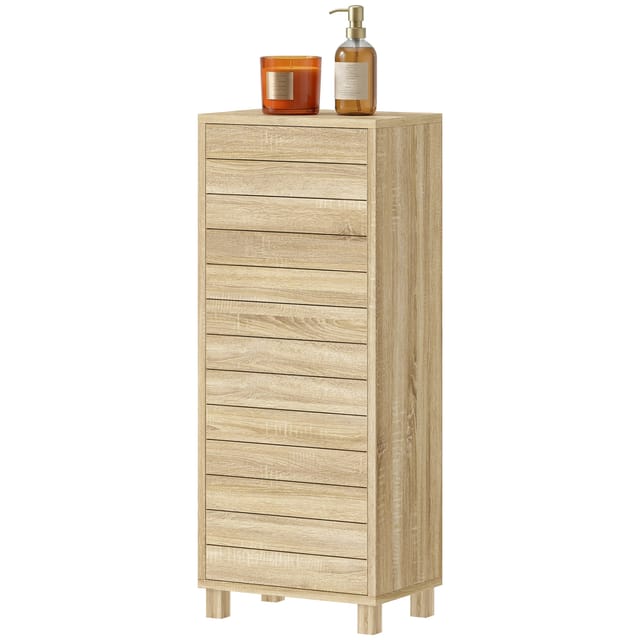 Badezimmerschrank Aus Naturholz Mit Verstellbarem Einlegeboden, Push-to-open-lamellentür, 34 X 23 X 84 Cm