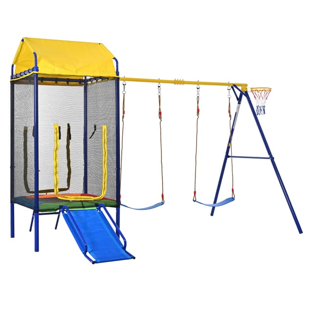 4-in-1-kinderspielgerät Mit Trampolin, Doppelschaukel Und Rutsche