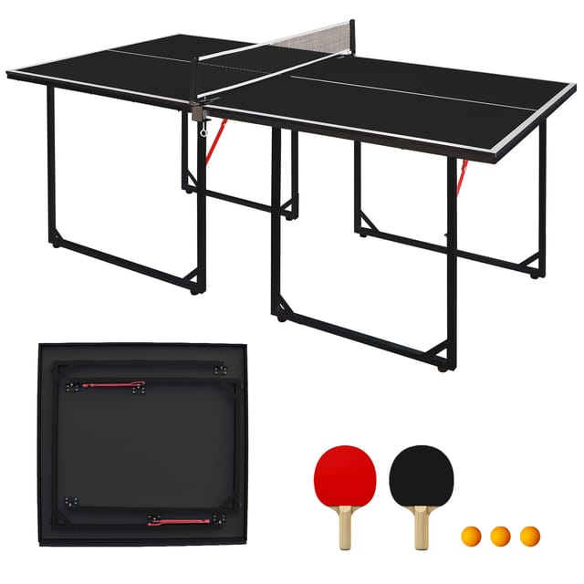 Klappbare Tischtennisplatte 182 X 91 Cm, Schwarz, Mit Netz, 2 Schlägern Und 3 Bällen