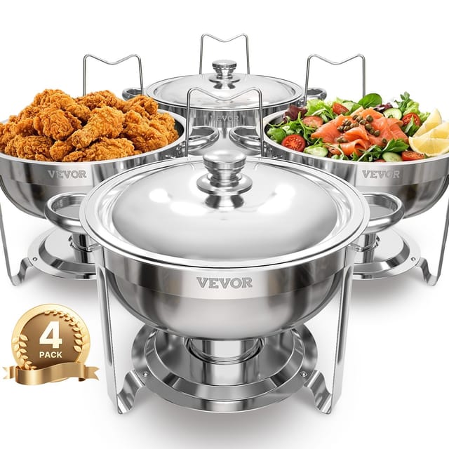 Chafing Dish Set 4 X 4,7 L Runder Speisenwärmer Für Buffet In Silber, Für Hochzeiten, Partys Und Mobiles Catering, Mit Behältern In Voller Größe, Deckel, Wasserpfanne 6,6 L & Klappbarem Ständer