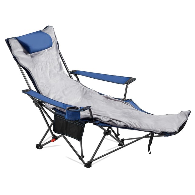 Campingstuhl Faltbar, Liegestuhl Mit 4 Verstellbaren Positionen, Relaxsessel Liege Mit Getränkehalter, Strandstuhl Mit Kopfstütze & Fußstütze, Trägt 100 Kg, Für Outdoor Camping, Blau