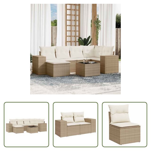 Vidaxl Gartensessel - 7-tlg. Garten-sofagarnitur Mit Kissen Beige Poly Rattan