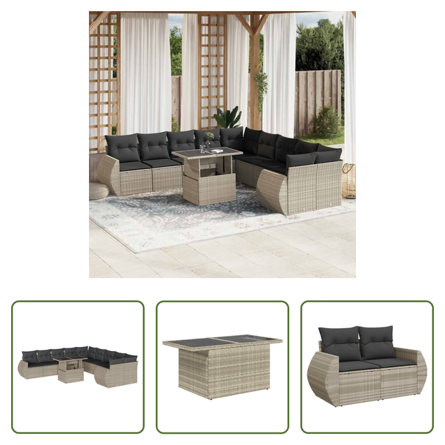 Vidaxl Poly Rattan - 11-tlg. Garten-sofagarnitur Mit Kissen Hellgrau Poly Rattan
