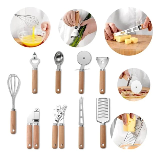 Ustensiles De Cuisine, Petit Matériel À Manche En Bois, Batteur À Œufs En Acier Inoxydable, Ensemble De Pâtisserie Divers, Couteau À Pizza Et À Fromage