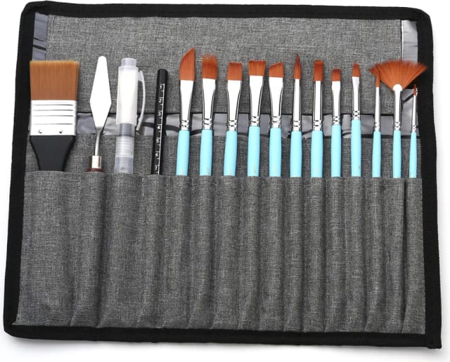 Set De Dix Huit Pinceaux Artiste Avec Raclette Manche Bois Poils Nylon Pour Aquarelle Acrylique Huile Gouache