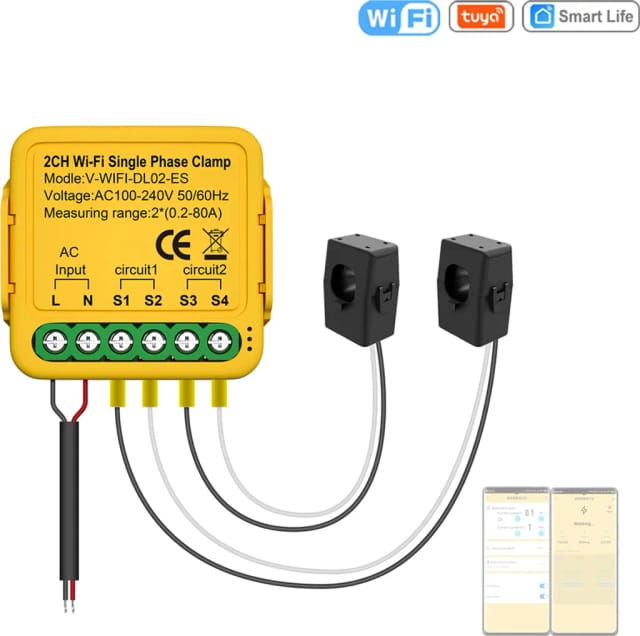Interrupteur Wifi Tuya Quatre Vingt Ampères Avec Pince Ampèremétrique Mesure Énergie Pour Maison Connectée
