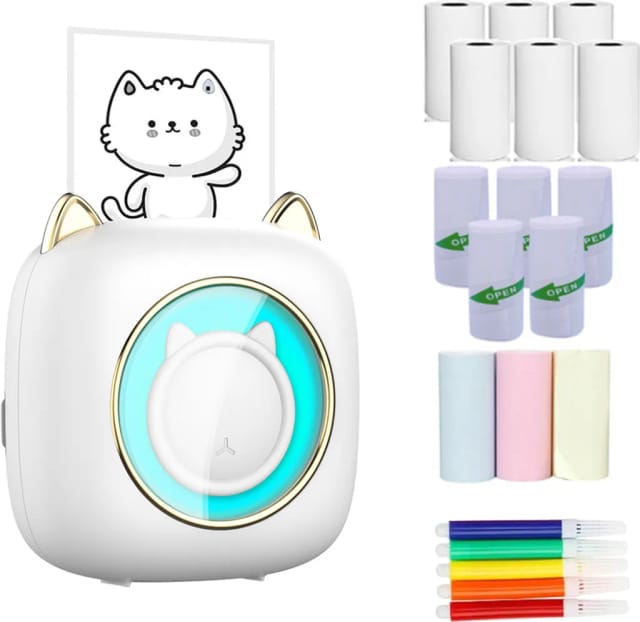Imprimante Thermique Portable Bluetooth Avec Six Rouleaux De Papier Thermique Et Cinq Autocollants Pour Photos Et Étiquettes