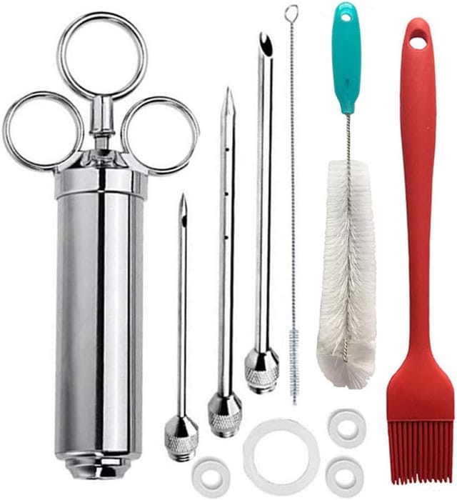 Injecteur De Marinade En Acier Inoxydable Pour Barbecue Avec Trois Aiguilles Et Brosses Outil Pour Viande Et Volaille