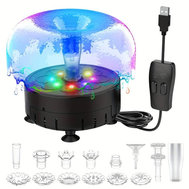 Pompe À Fontaine Avec Lumières Led Et Buses, Kit De Pompe À Fontaine À Monter Soi-même Avec Câble D'Alimentation Usb Et Adaptateur Secteur, Pompe À Eau