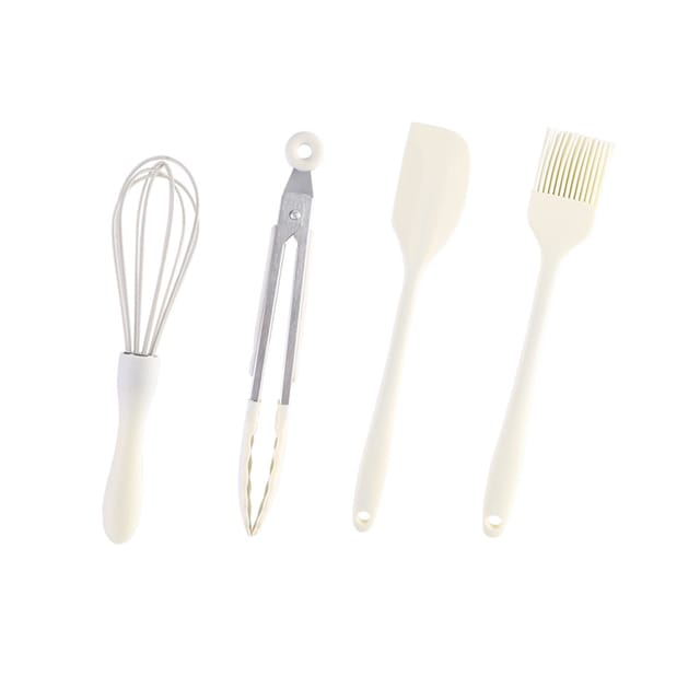 Ensemble De 4 Pièces En Silicone Comprenant Un Fouet, Une Pince À Pâtisserie, Un Racloir Et Un Pinceau.