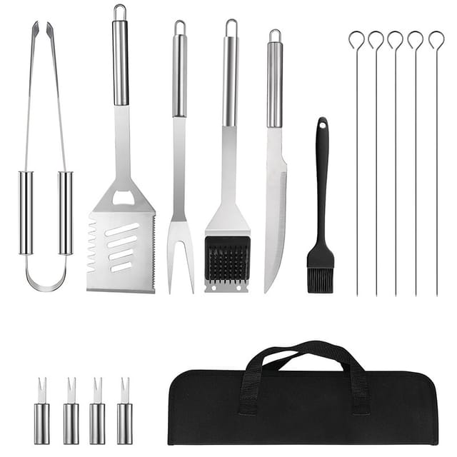Ensemble De 15 Pièces De Couverts De Barbecue En Acier Inoxydable : Spatule, Fourchette, Pince Et Pinceau De Cuisine.
