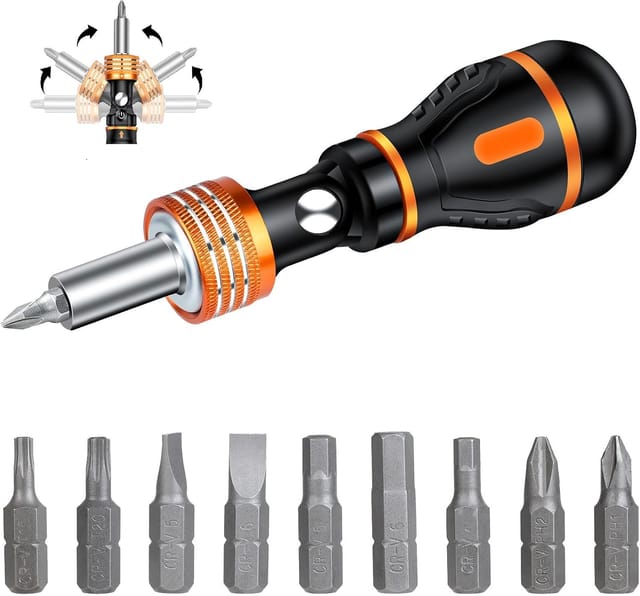 Tournevis Magnétique Compact Avec Embouts Intégrés Cliquet Réglable Pour Bricolage Et Réparation Outil Maniable Et Polyvalent