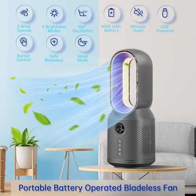 Ventilateur De Bureau Portable Sans Pales, 33 Cm (13 Pouces), Petit Et Silencieux, Oscillation À 106°, Affichage Led, 3 Vitesses De Ventilation Et 3 Modes D'Éclairage.
