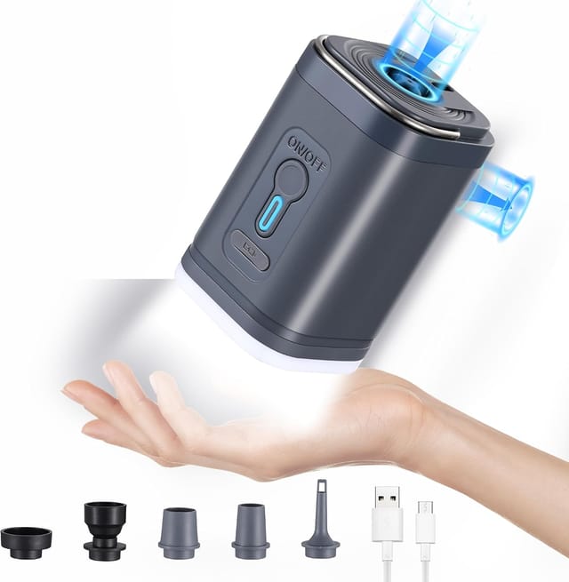 Pompe A Air Électrique Portable Avec Cinq Embouts Et Trois Lampes De Camping Pour Gonfler Matelas Et Équipements Gonflables