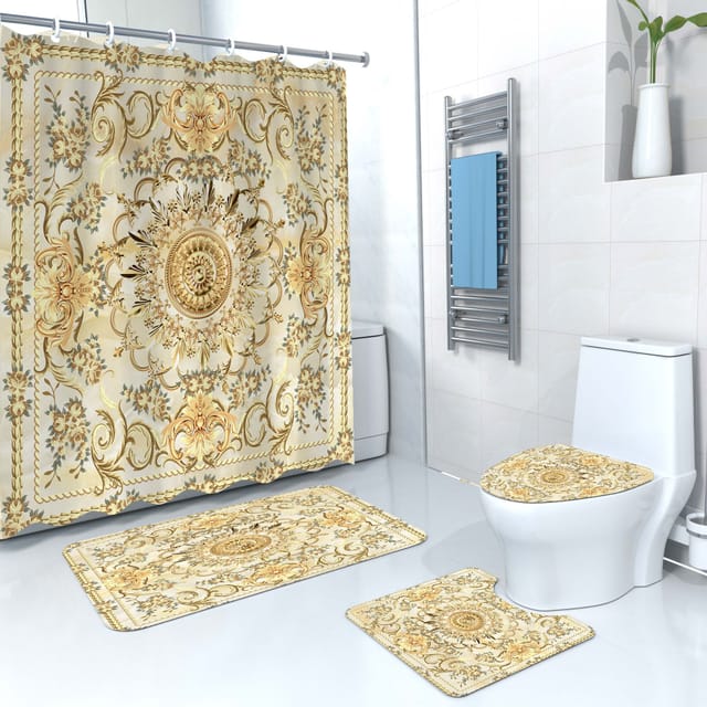 Ensemble De Salle De Bain Avec Rideau De Douche Imprimé, Quatre Pièces, Rideau De Douche Simple En Polyester Imperméable