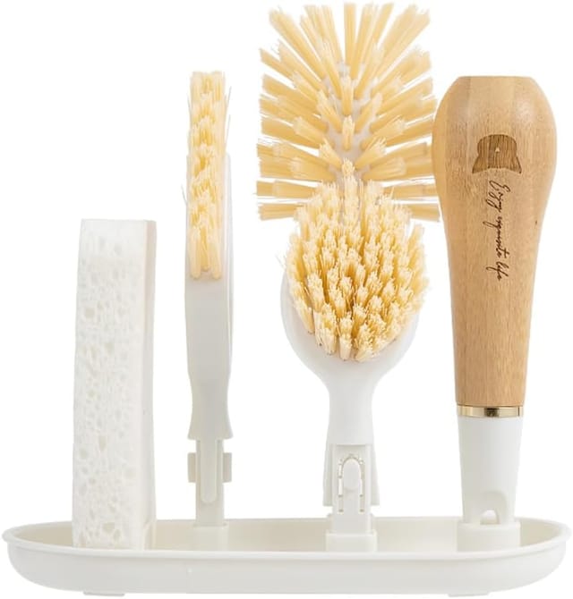 Ensemble De Brosses De Nettoyage, Goupillon 4 En 1 Avec Manche En Bambou, Brosse À Vaisselle Interchangeable Avec 3 Têtes De Brosse Et Support De Rangement