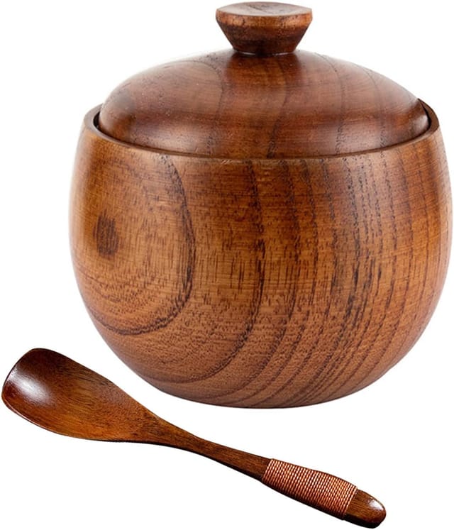 Boîte À Sel En Bois Avec Couvercle Et Cuillère Ronde Pour Sucre Et Épices Contenant Pour Assaisonnement De Cuisine Design Arrondi