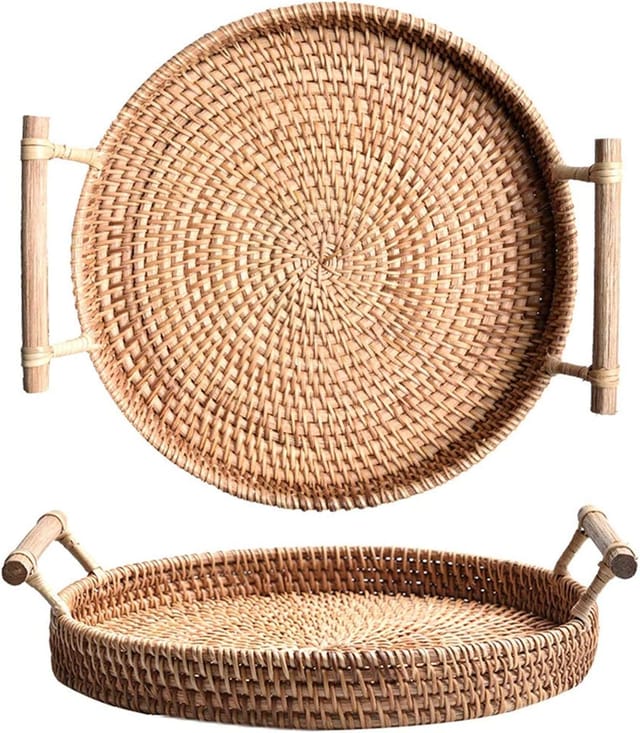 Panier À Pain Rond En Rotin Tressé À La Main Avec Anse En Bois Pour Service De Table Et Présentation Élégante