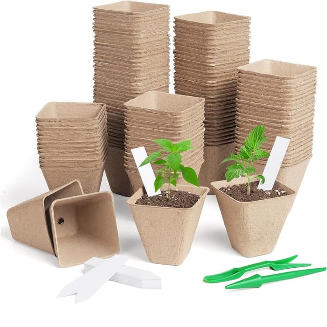 Pots Carrés En Tourbe Pour Semis, Pots De Germination Avec Trous De Drainage, Kits De Semis Biodégradables Pour Herbes Aromatiques Avec 50 Étiquettes Et 2 Outils De Repiquage