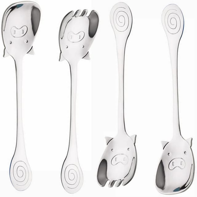 Lot De Quatre Cuillères Deux En Un Forme Cochon En Acier Inoxydable Pour Café Et Service De Table Cadeau Créatif