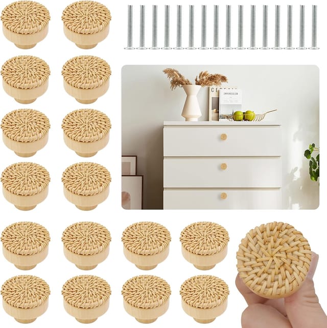 Lot De Seize Boutons De Meuble En Bois Rond Pour Tiroirs Et Armoires Style Rotin Pour Meubles Et Rangements Design Bohème