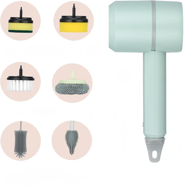 Brosse De Nettoyage Électrique Rotative Multifonctionnelle Sans Fil À 360° Avec 6 Têtes De Brosse Interchangeables, Pour Cuisine, Salle De Bain, Douche, Baignoire, Vitres Et Voiture.