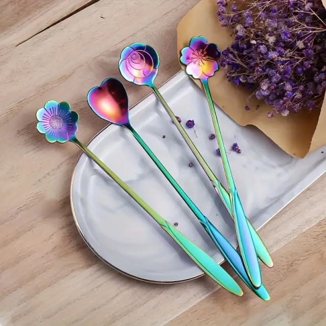 Lot De Quatre Cuillères À Café En Forme De Fleur En Acier Inoxydable Arc En Ciel Long Manche Pour Dessert Et Service De Table