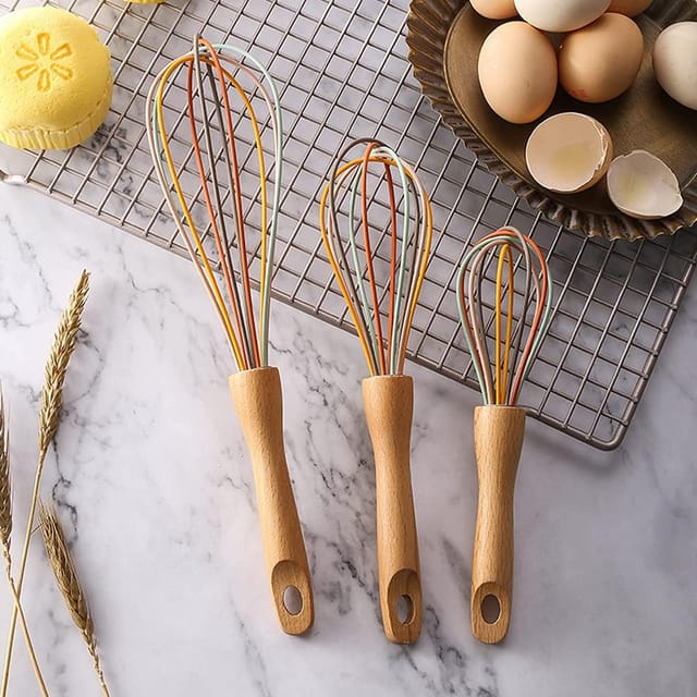 Lot De 3 Batteurs Manuels En Silicone Avec Manche Hêtre, Fouets Pour Œufs Et Crème, Outil De Pâtisserie
