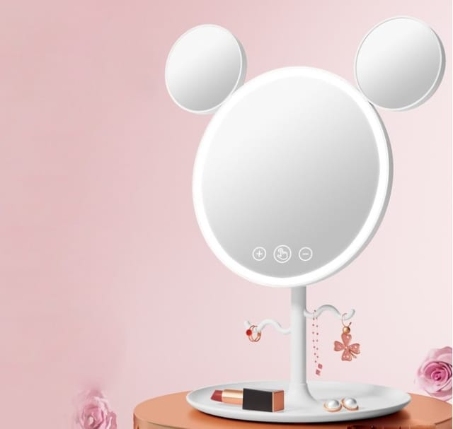 Miroir Maquillage Led Oreilles Souris - Avec Porte-bijoux Et Support, Éclairage 3 Couleurs Posable