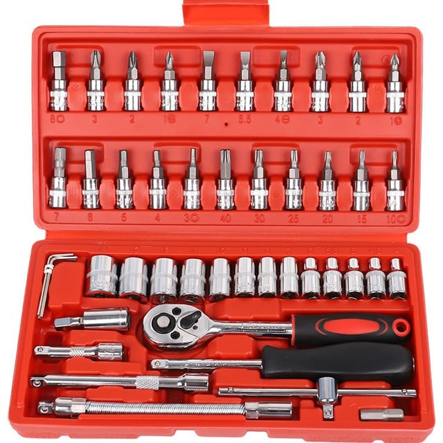 Set De Clés À Cliquet Quarante Six Pièces Un Quart De Pouce Avec Douilles Et Extension Pour Réparation Automobile Et Domestique