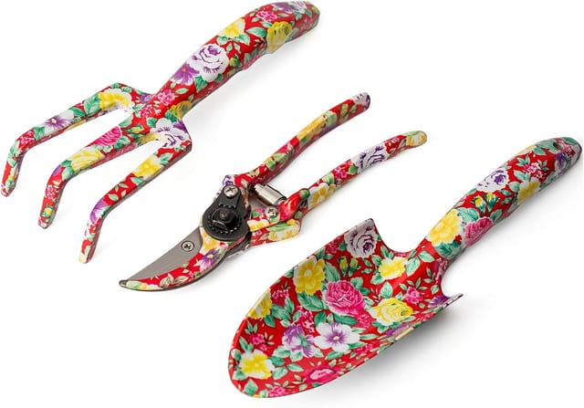 Ensemble D'Outils De Jardin En Aluminium À Motif Floral : Truelle, Cultivateur, Sécateur Et Emballage Raffiné. Fournitures De Jardin.