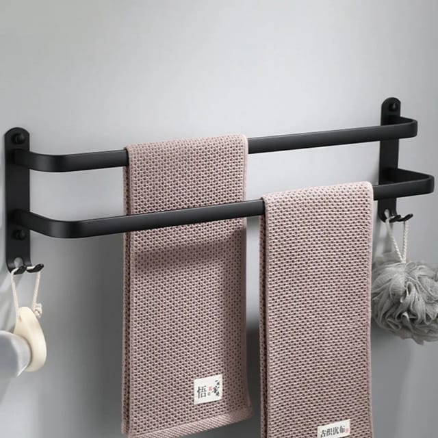Porte Serviettes Noir Quarante Centimètres Sans Perçage En Aluminium Avec Deux Crochets Pour Salle De Bain Et Mur