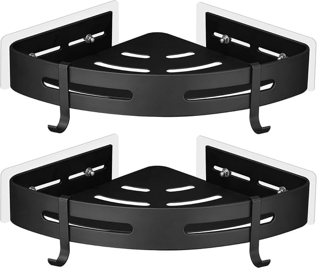 Étagère D Angle Sans Perçage En Aluminium Avec Deux Crochets Anti Rouille Pour Salle De Bain